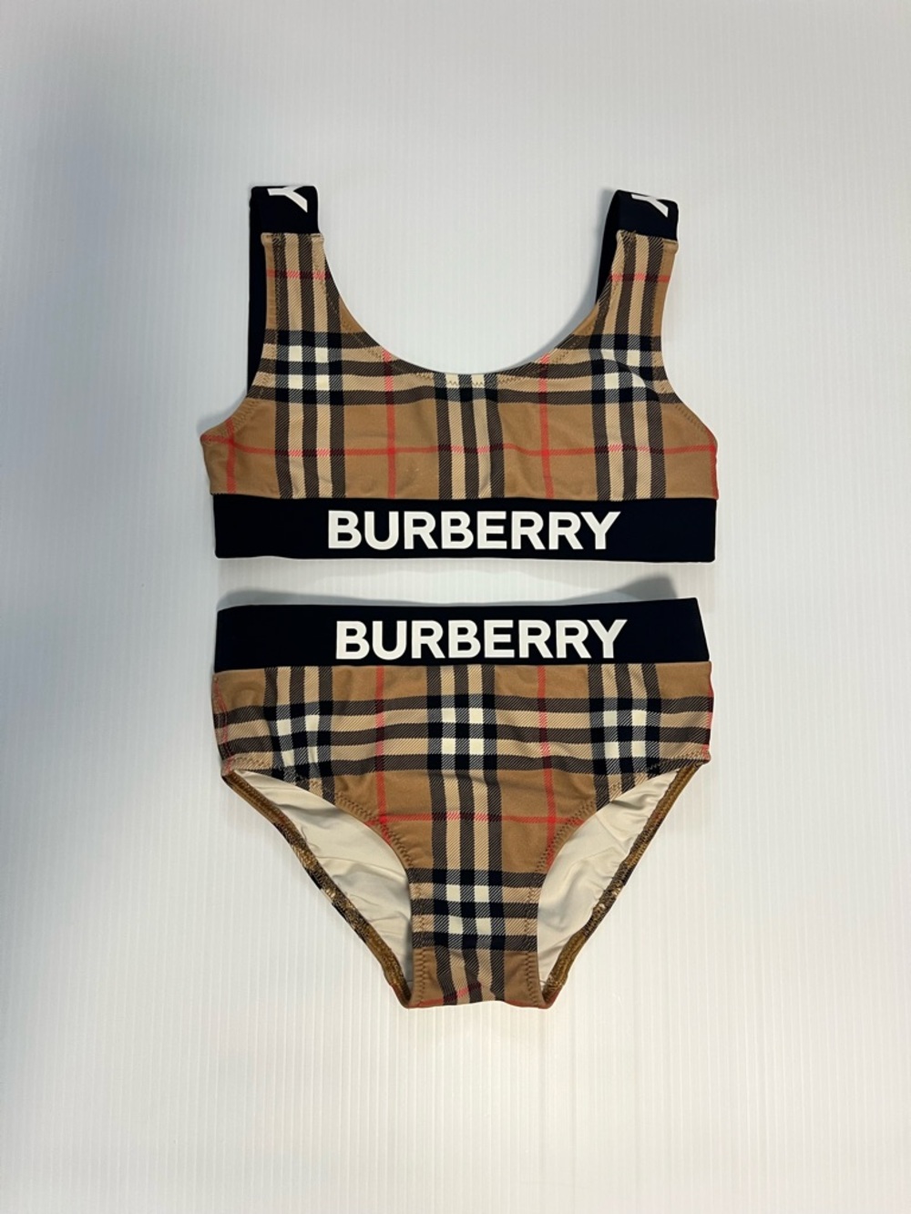 Girl Burberry Plaid Logo Two-Piece Bikini - Beige, Black, Red size 6